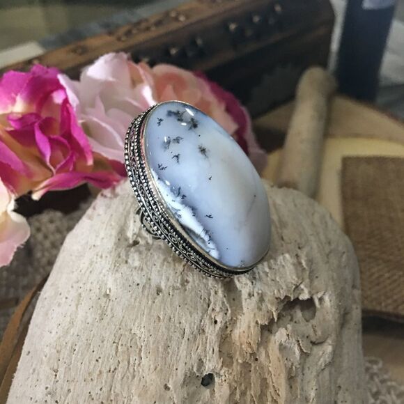 Winter Dendritic Agate Silver Gemstone Statement Ring Size 8 - Picture 2 of 5